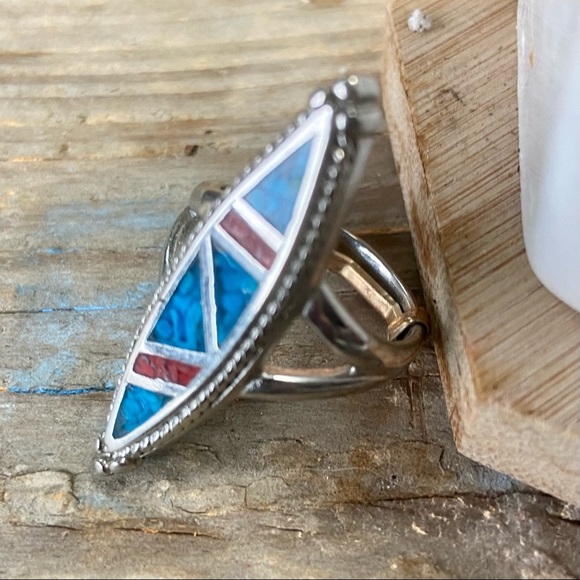 Vintage Native American Zuni Inlaid Turquoise & Coral Chip LONG Narrow Ring - Picture 2 of 8
